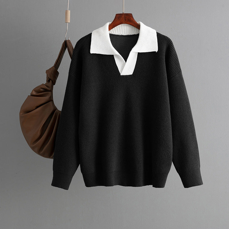 Knit Polo Collar Color Block Pullover Sweater