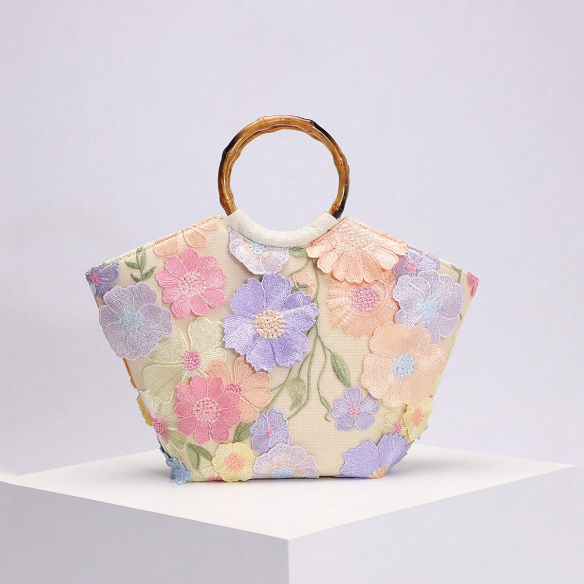 Elegant Floral Sequin Tote Bag With Bamboo Handle