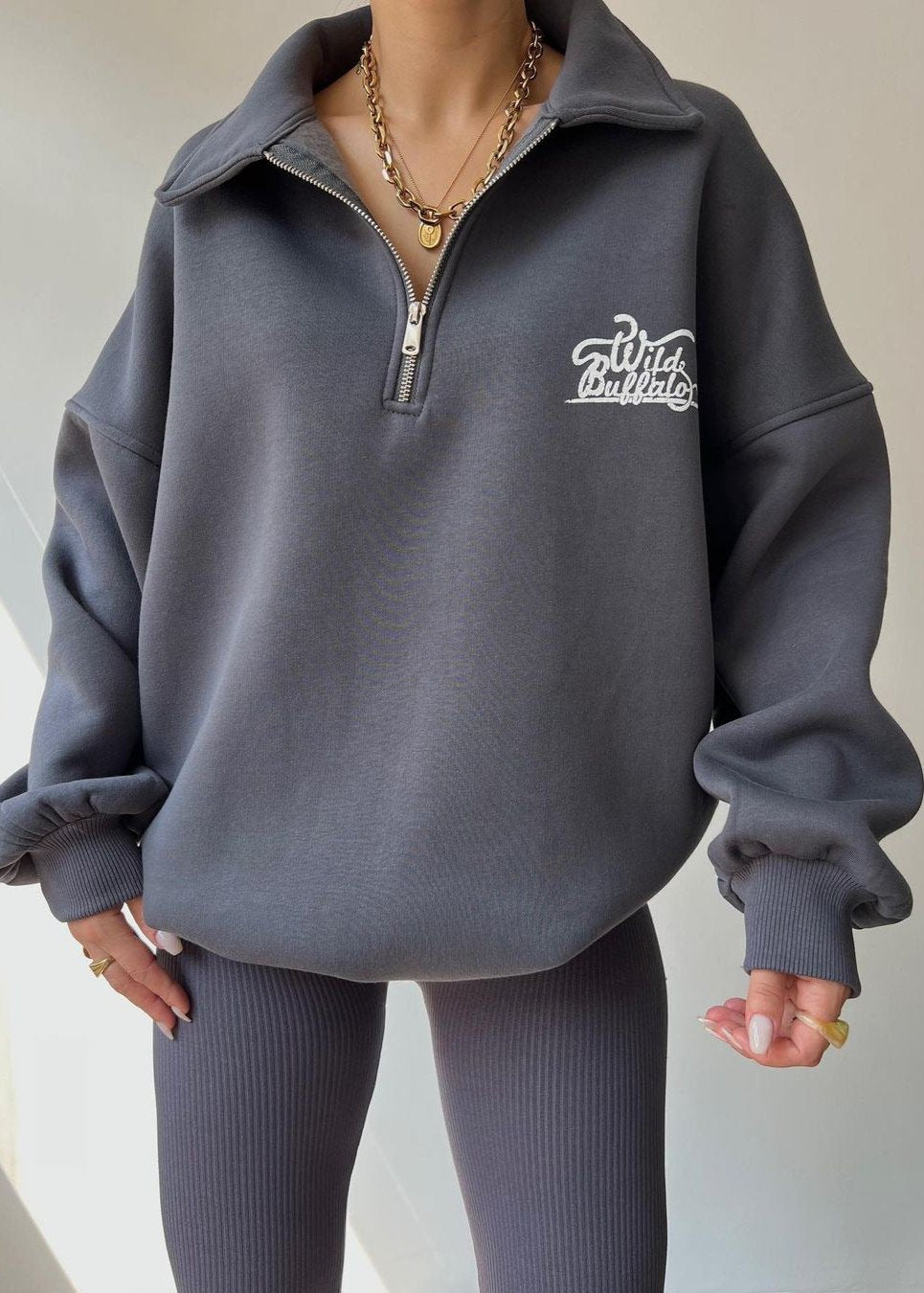 Oversized Half Zip Sweatshirt Cotton Blend Vintage Style