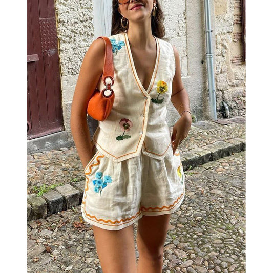 Spring And Summer New Sleeveless Printed Vest Set Ins Casual Loose Vacation Two-Piece Set