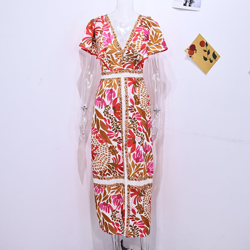 New V-Neck Feifei Sleeve Split Dress High Waist Backless Long Dress Celebrity Style