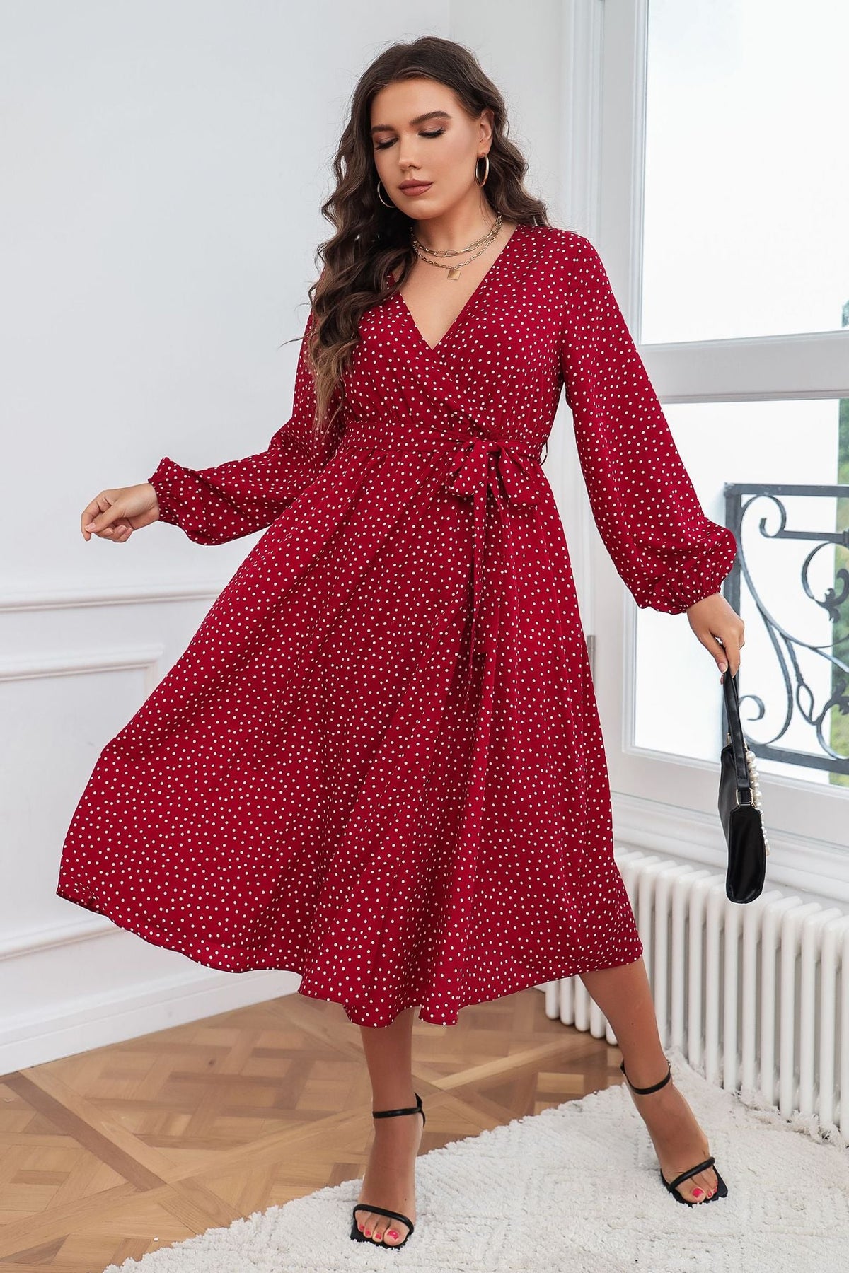 Red Polka Dot Maxi Dress Elegant Plus Size Long Sleeve