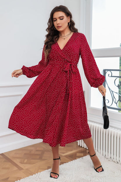 Red Polka Dot Maxi Dress Elegant Plus Size Long Sleeve