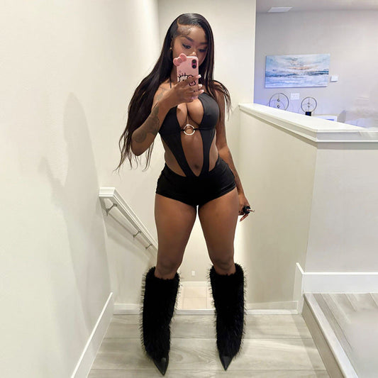 Backless Sexy Bodysuit With Tie Detail And Fitted Shorts