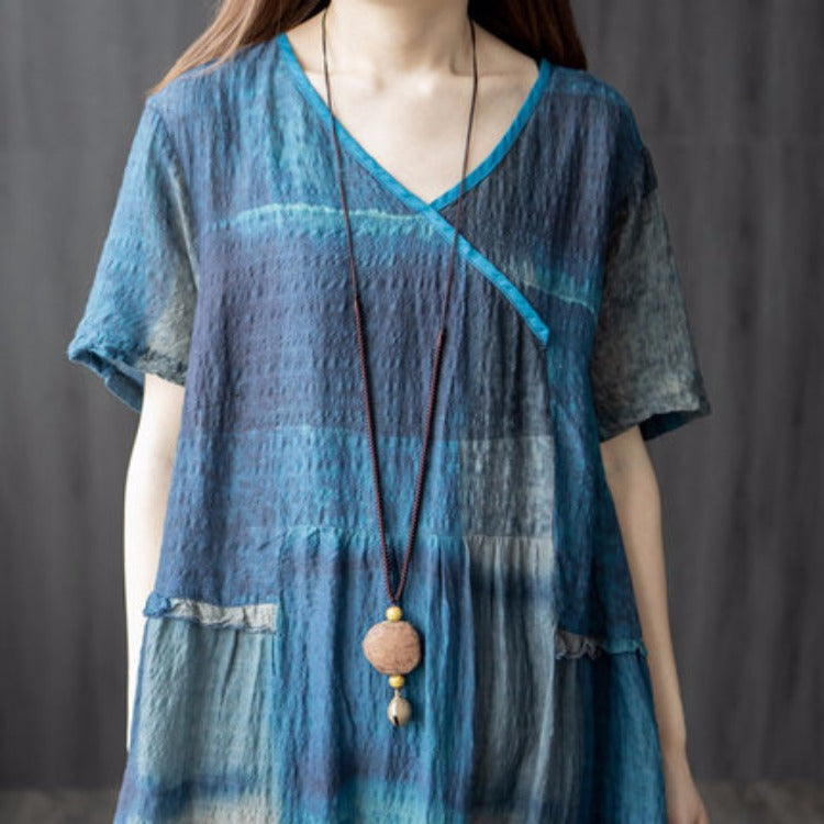 Summer New Literary And Artistic Fan Vintage Loose Plus-Size Women'S Cotton And Linen Panels Plaid Thin Dress