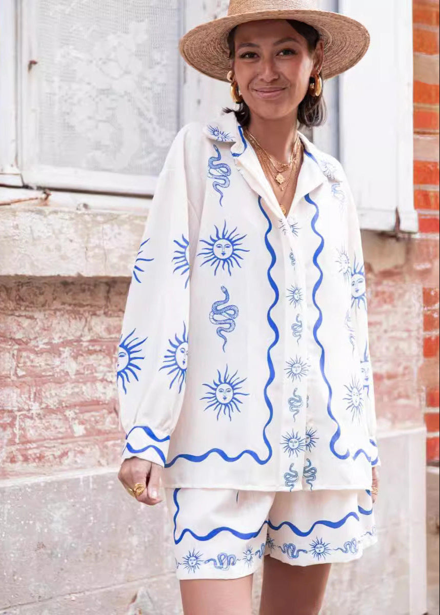 Sun Print Shirt And Shorts Set In Blue