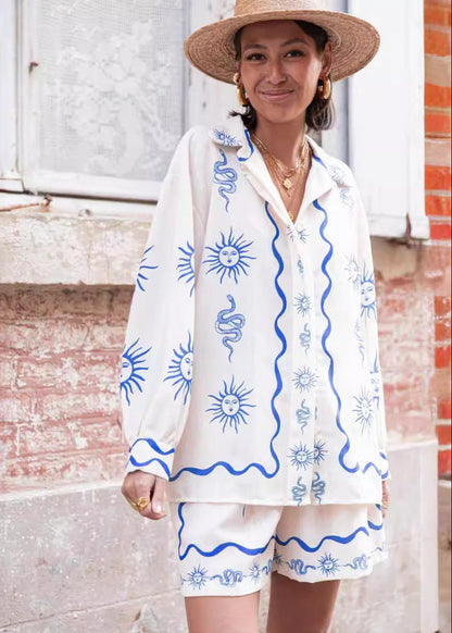 Sun Print Shirt And Shorts Set In Blue