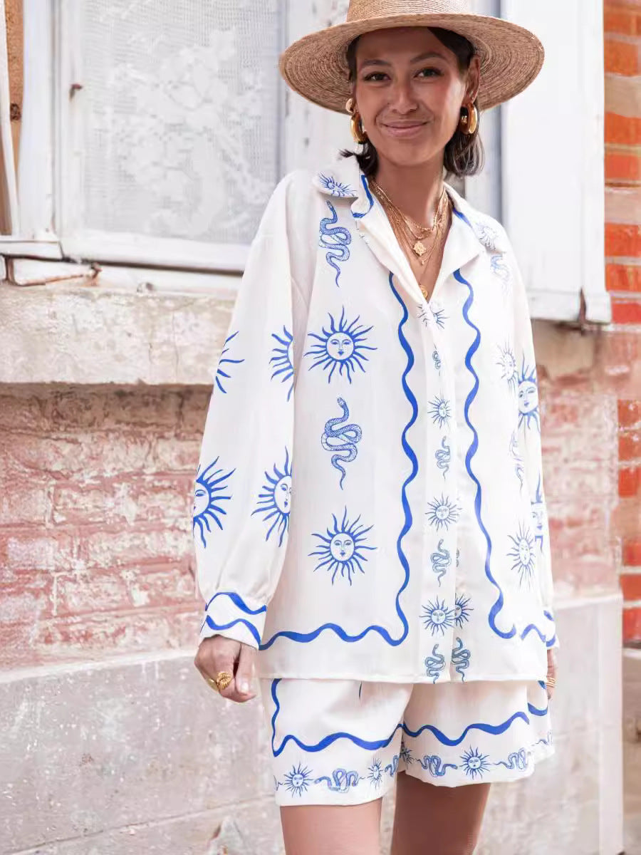 Fashionable Animal Print Linen Casual Cardigan Set