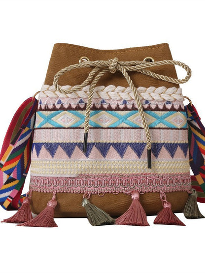 Trendy Ethnic Style Fringed Bucket Bag Casual Shoulder Bag