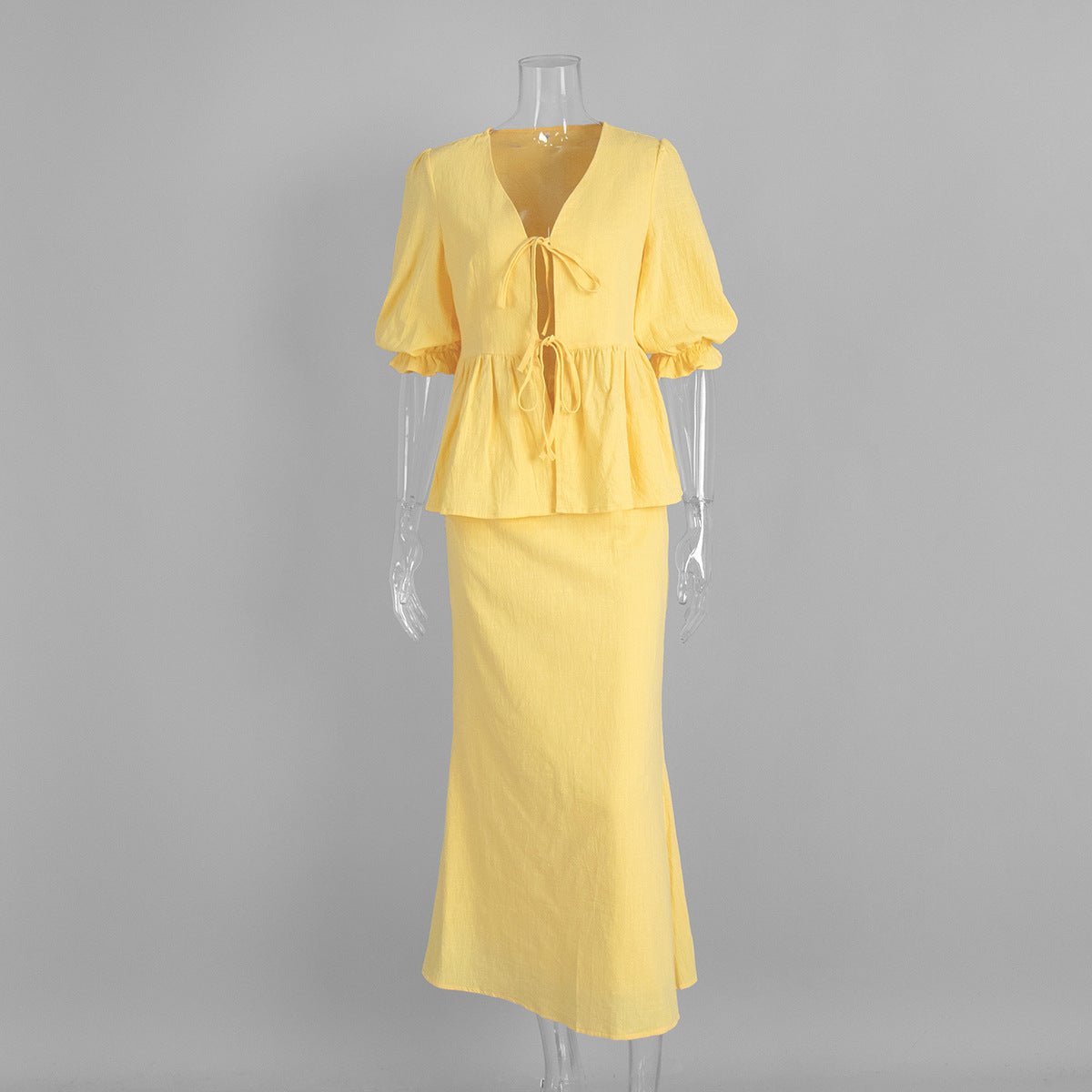 V-Neck Ruffled Sleeve Maxi Dress Set Comfortable Casual Cotton