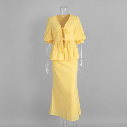 V-Neck Ruffled Sleeve Maxi Dress Set Comfortable Casual Cotton