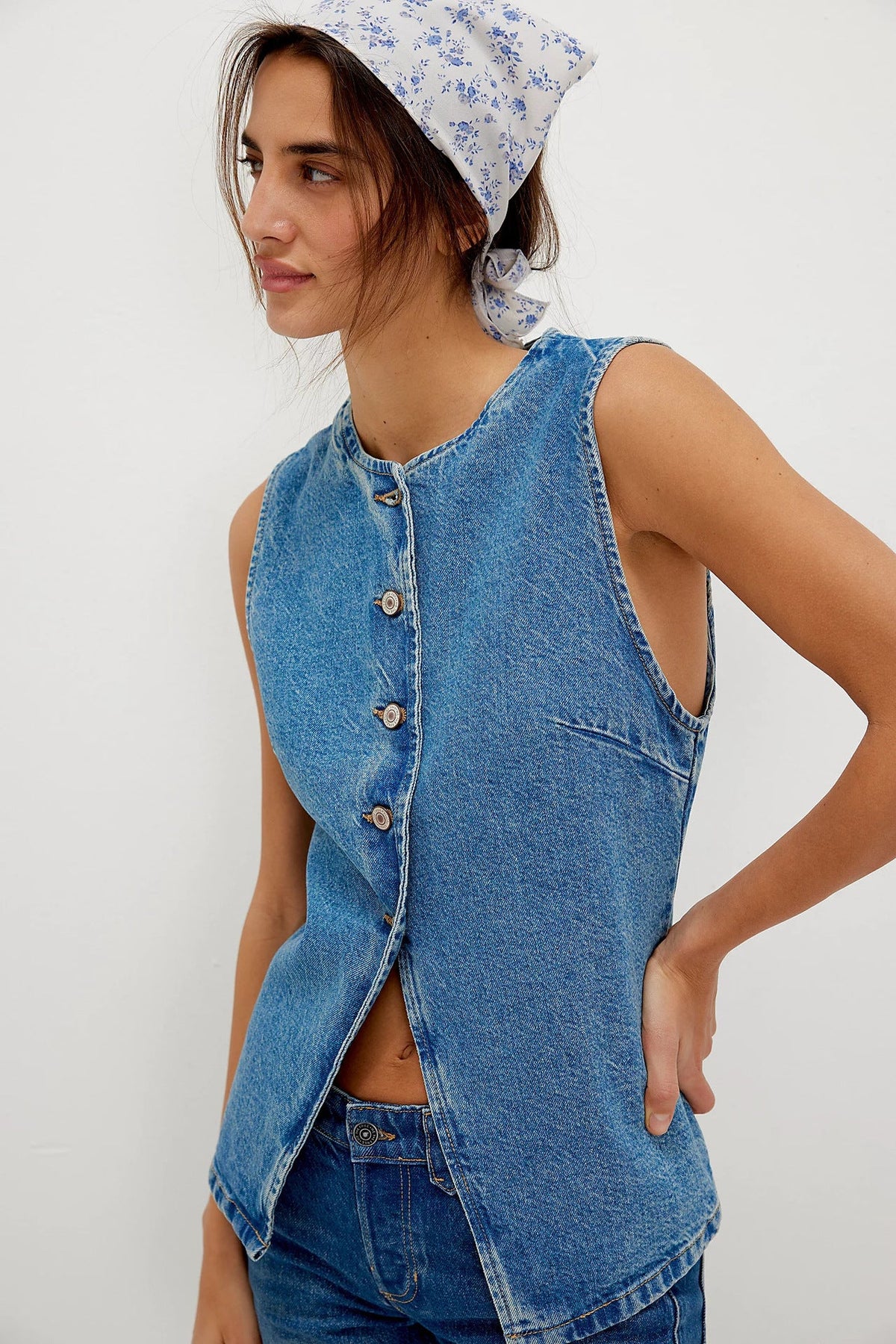 Trendy Casual Slim Fit Button Down Denim Sleeveless Top