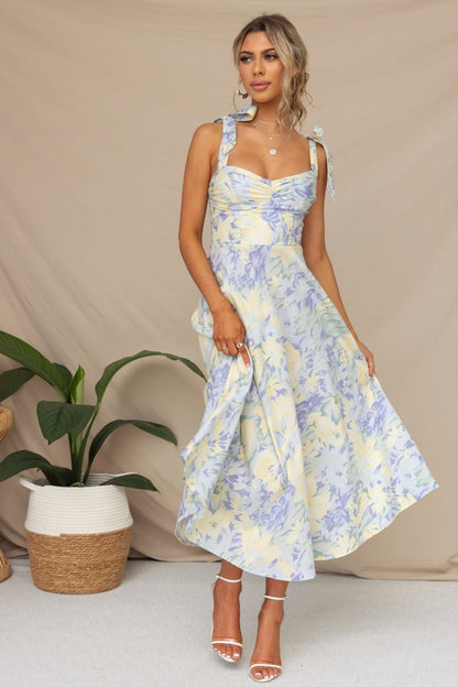 New Slim Fit Slim Waist V-Neck Strap Print Mid Length Dress For Women