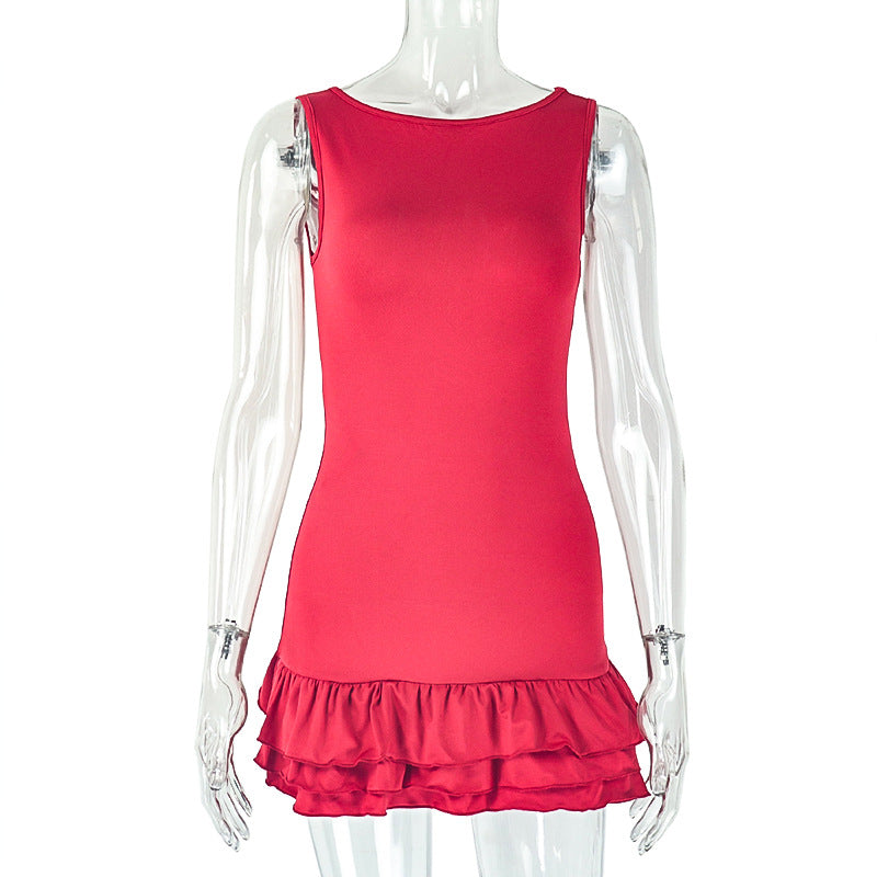 Trendy Solid Color Pleated Mini Dress With Sleeveless Round Neck
