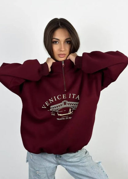 Quarter Zip Sweatshirt In Cozy Burgundy Fabric
