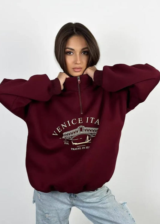 Quarter Zip Sweatshirt In Cozy Burgundy Fabric