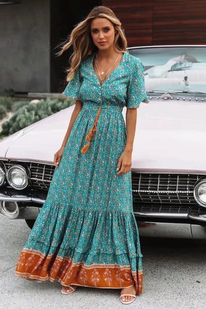 Bohemian Summer High Waist Lace Up V-Neck Loose Large Hem Dress Seaside Long Dress