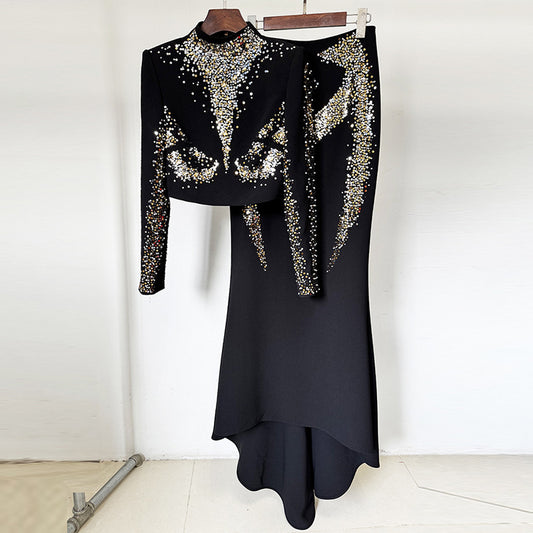 Fashionable Embellished Sequin Crop Top And Fishtail Skirt Set