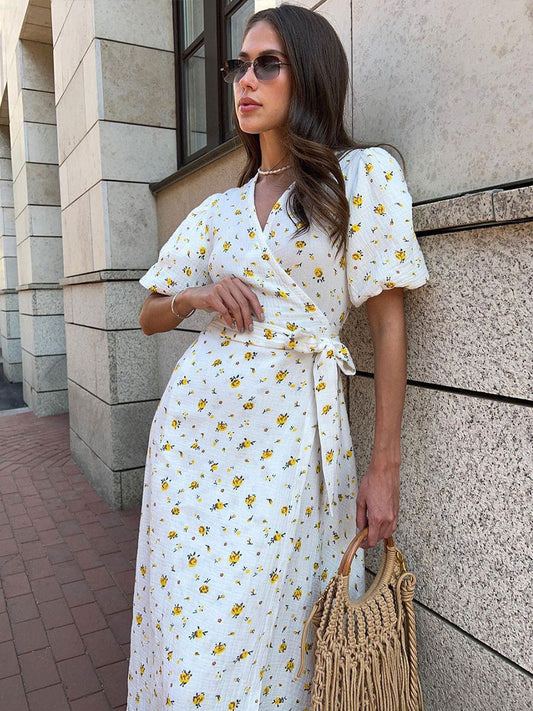 Cotton Floral Print A-Line Dress With V Neckline And Puff Sleeves