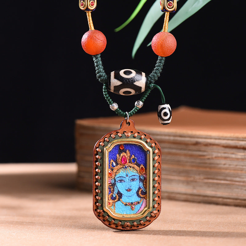 New Intangible Cultural Heritage Gem Painting Thangka Pendant God Of Wealth Zakiram Hand-Painted Thangka Leather Shell Pendant Single Pendant
