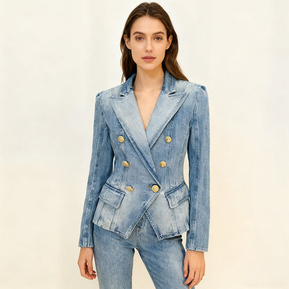 Trendy Double-Breasted Denim Blazer With Lion Button