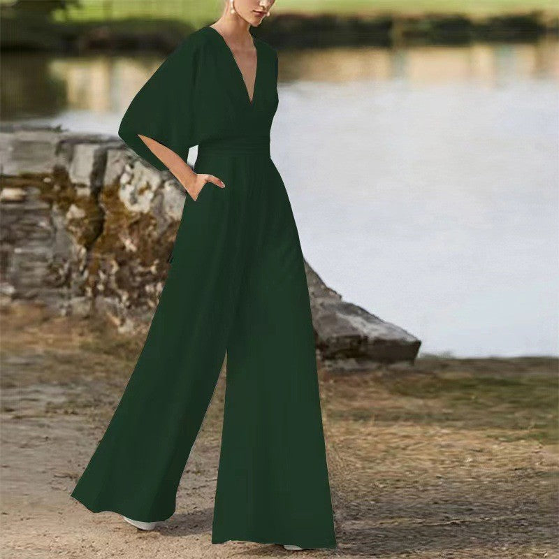 Trendy Solid Color Jumpsuit With Half Sleeves