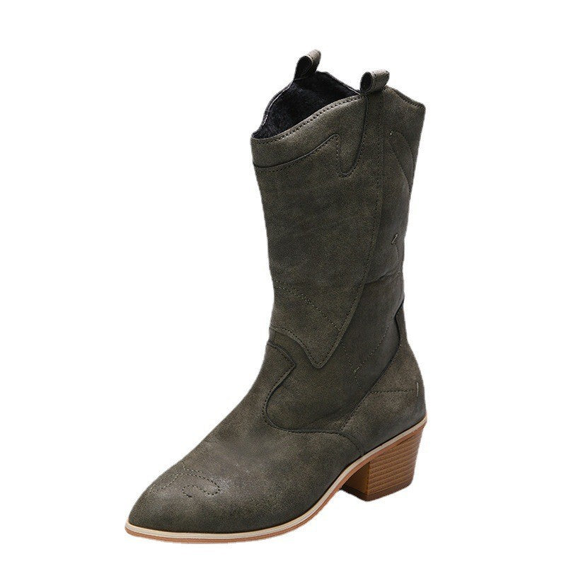 New In Autumn And Winter With Oversized Pointed Toes Hand-Embroidered Soft Leather Mid-Tube Knight Boots