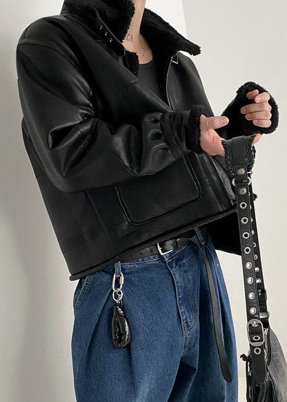 Faux Leather Aviator Jacket With Shearling Collar
