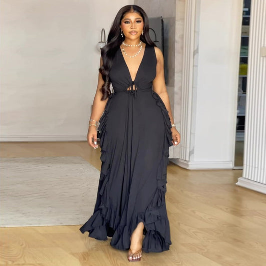 Elegant Off-The-Shoulder Ruffled Crop Top Maxi Dress