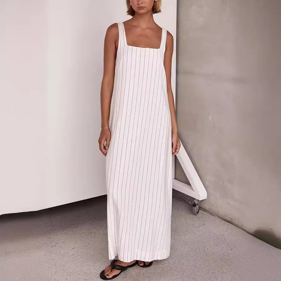 Sleeveless Striped A-Line Dress Comfortable Casual Polyester