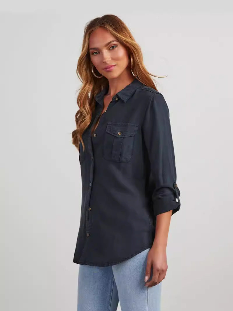 Casual Long Sleeve Denim Shirt With Polo Collar
