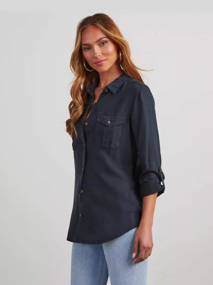 Casual Long Sleeve Denim Shirt With Polo Collar