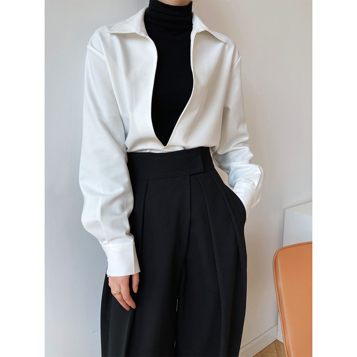 Design Sense Light Mature Long Sleeve V-Neck Shirt Women'S Fashion Overlay Top