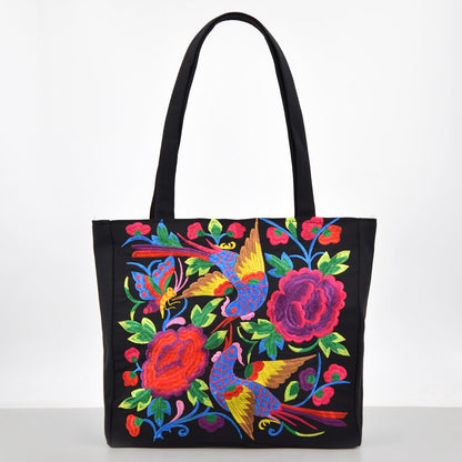 Ethnic Style Embroidered Shoulder Bag With Large Capacity Women'S Tote Bag, Canvas, National Style Peony Handbag, Shopping Bag
