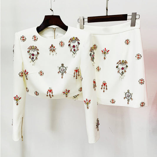 Beaded Jewel Embellished Short Jacket And Skirt Set