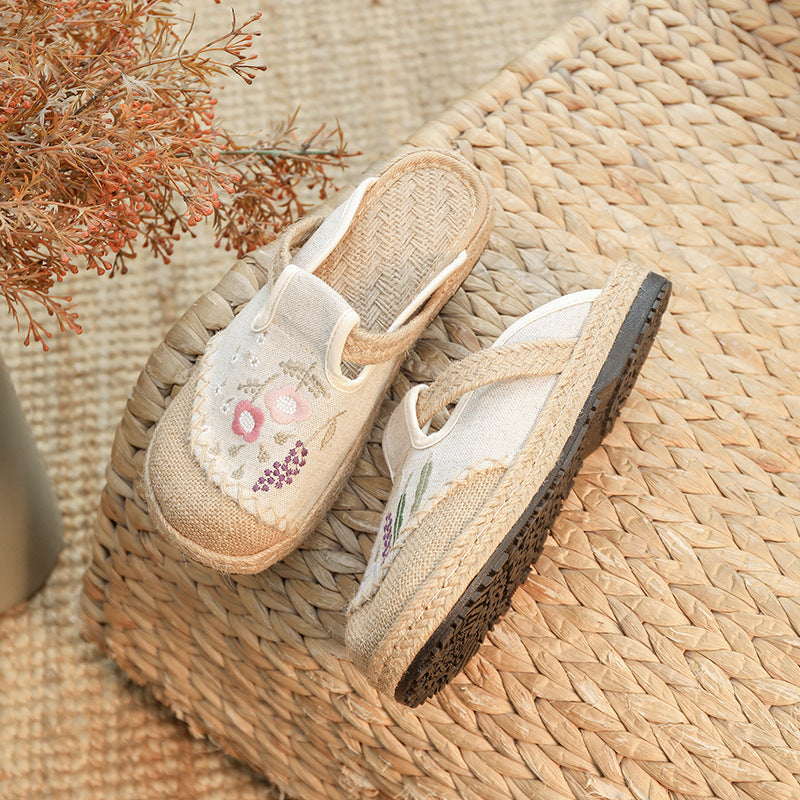Summer New Ethnic Style Embroidered Slippers Women'S Beef Tendon Bottom Cloth Shoes Women Hand-Woven Linen Straw Shoes
