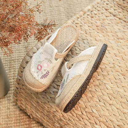 Summer New Ethnic Style Embroidered Slippers Women'S Beef Tendon Bottom Cloth Shoes Women Hand-Woven Linen Straw Shoes