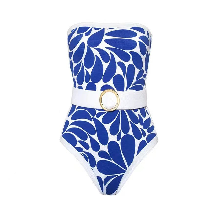 Vintage Print Strapless One Piece Swimwear with Cover