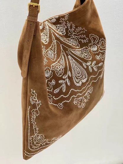 Boho Embroidered Large Capacity Suede Shoulder Bag