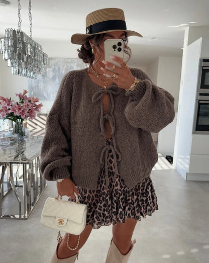 Crew Neck Lace-Up Knitted Cardigan Jacket Autumn And Winter New Solid Color Commuting Simple Sweater Women