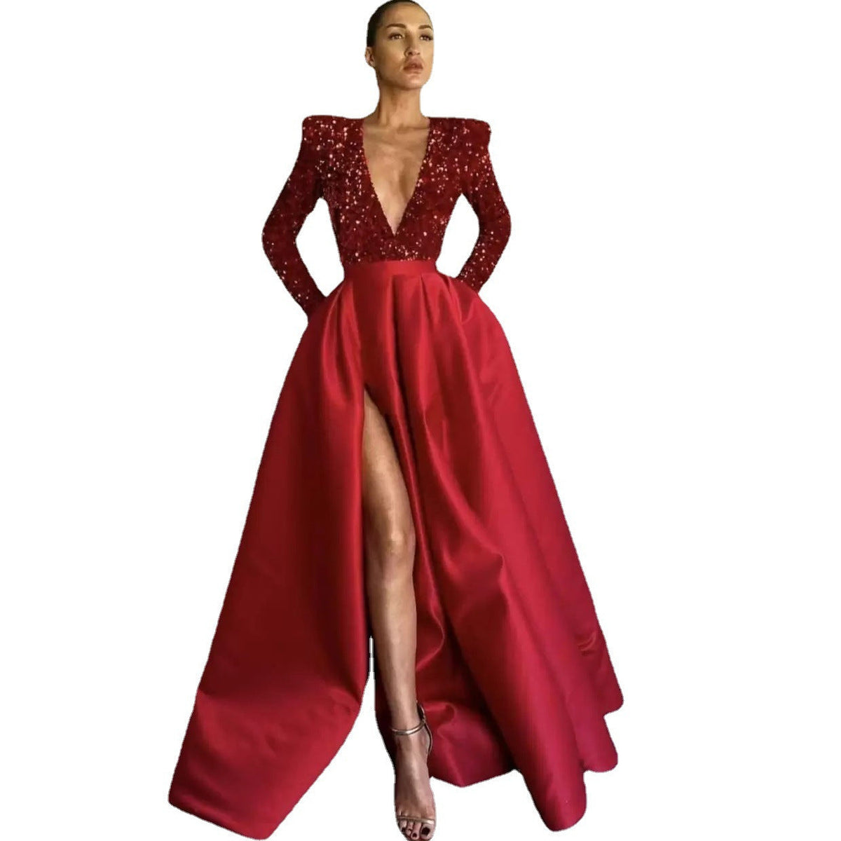 Sequined Deep V-Neck A-Line Evening Gown With Long Sleeves