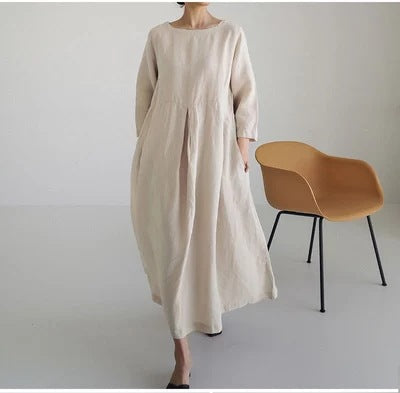 Loose Plus-Size Dress Fat Japanese Cotton And Linen Round Neck Pullover Solid Color Long Skirt Big Swing Dress
