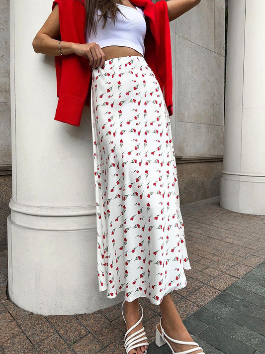 Cherry Print Elegant High-Waisted Midi Skirt