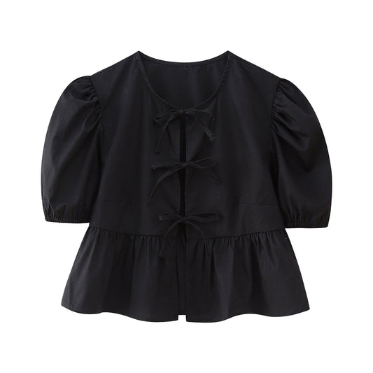 Cute Tie Front Round Neck Pullover Top