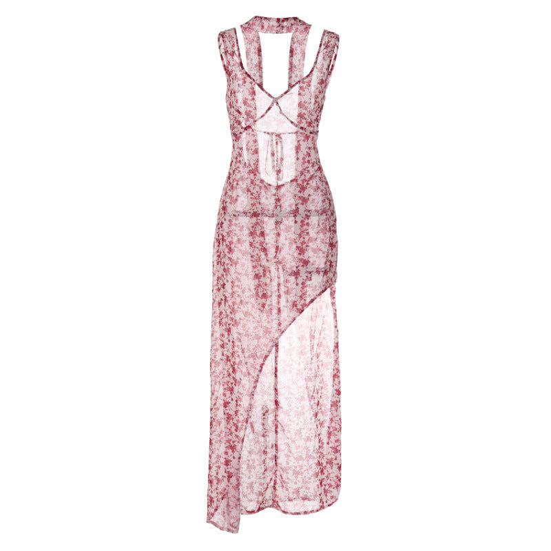 Floral Print Backless Drape Dress for Parties