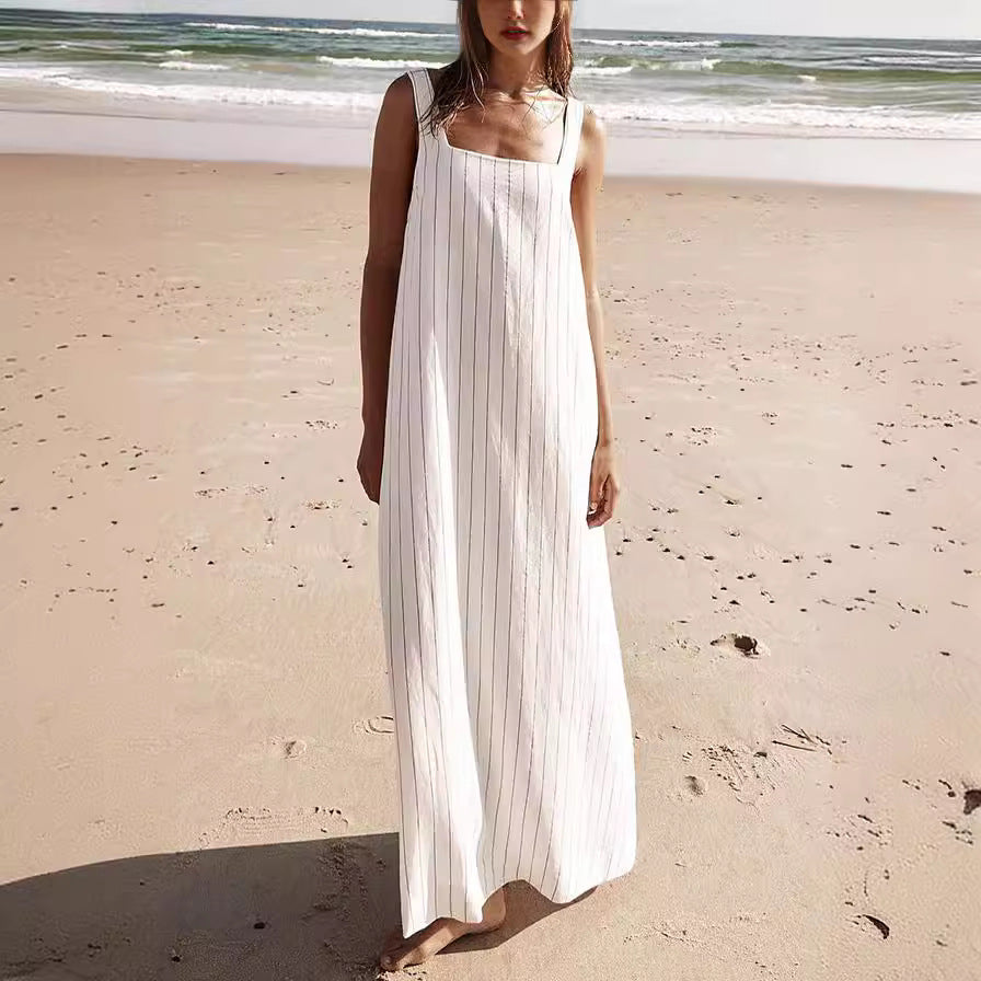 Sleeveless Striped A-Line Dress Comfortable Casual Polyester