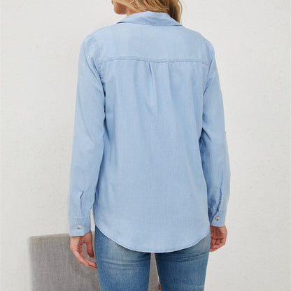 Trendy Casual Denim Button-Up Shirt with Polo Collar