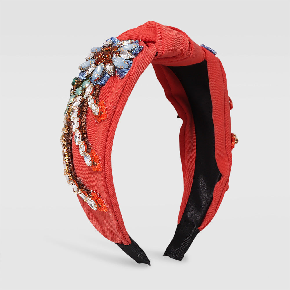 Stylish Hand-Stitched Embroidered Flowers Fabric Headband Personality Creative Diamond-Encrusted Knotted Headband For Women