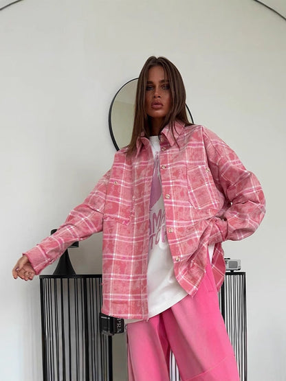 Retro Checkered Pink Shirt Loose-Fit Casual Top