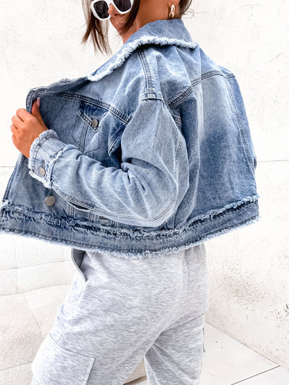 Loose Fit Denim Jacket with Suit Collar for Women